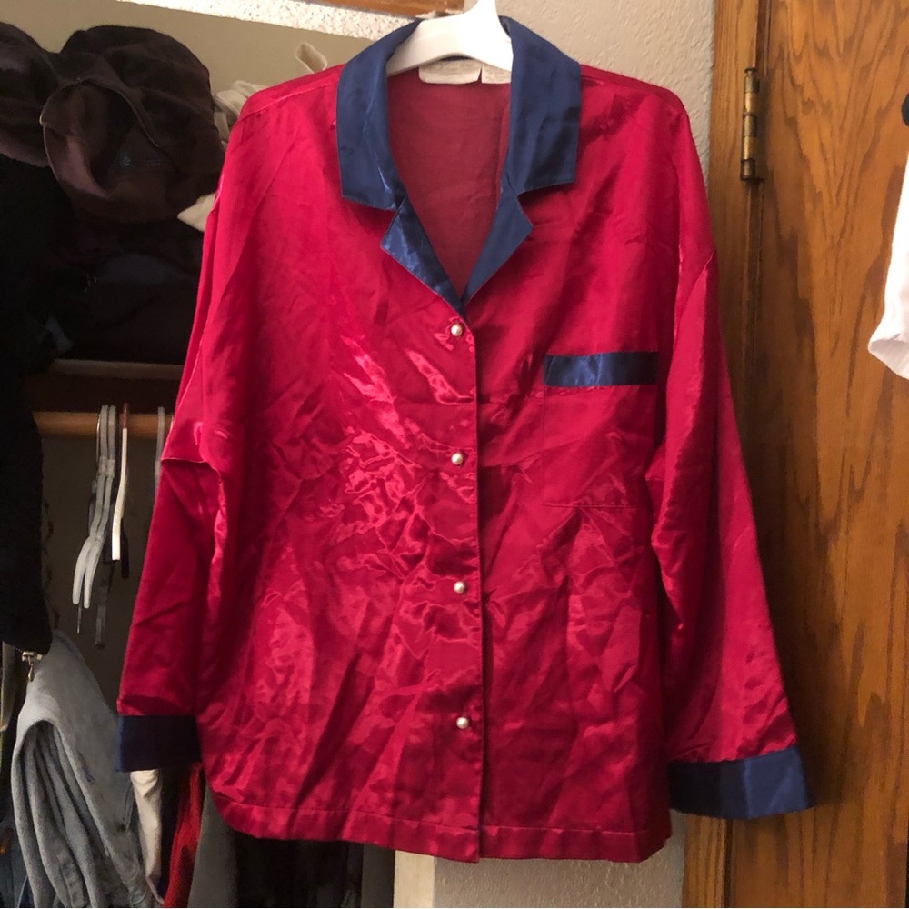vintage silk red and blue button down pajama shirt